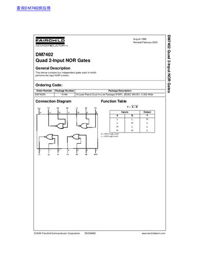 Fairchild Semiconductor DM7402 Quad 2-Input NOR Gates Datasheet - cover page