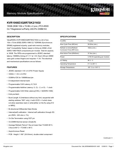 Kingston KVR1066D3Q8R7SK2/16GI Memory Module Specifications - cover page