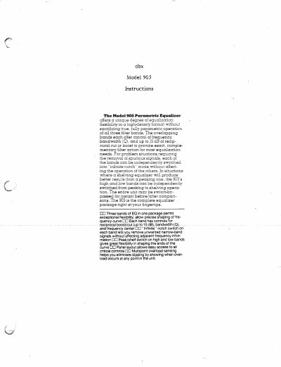 dbx Model 905 Parametric Equalizer Instructions - cover page