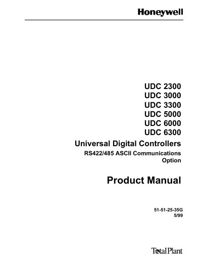 Honeywell UDC 2300/3000/3300/5000/6000/6300 RS422/485 ASCII Communications Option Manual - cover page