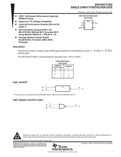 Texas Instruments SN74AHCT1G02 Single 2-Input Positive-NOR Gate Datasheet - cover page