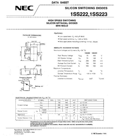 NEC 1SS222 1SS223 Silicon Switching Diodes Datasheet - cover page