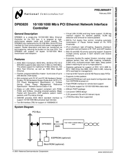 National Semiconductor DP83820 10/100/1000 Mb/s PCI Ethernet Network Interface Controller Datasheet - cover page