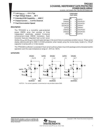 Texas Instruments TPIC5303 3-Channel Independent Gate-Protected Power DMOS Array Datasheet - cover page