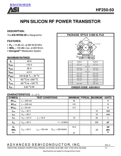 ASI HF250-50 NPN Silicon RF Power Transistor Datasheet - cover page