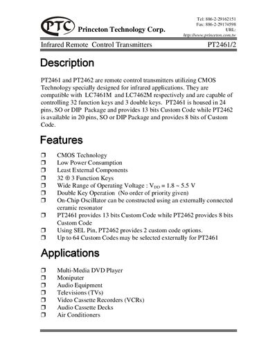 Princeton PT2461/2 Infrared Remote Control Transmitter Product Leaflet - cover page