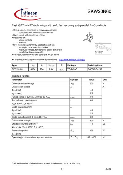 Infineon SKW20N60 IGBT Datasheet - cover page