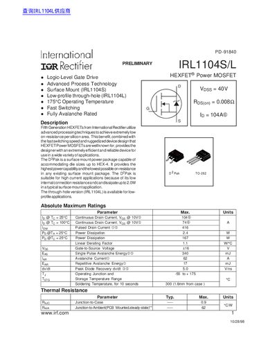 International Rectifier IRL1104S/L Datasheet - cover page