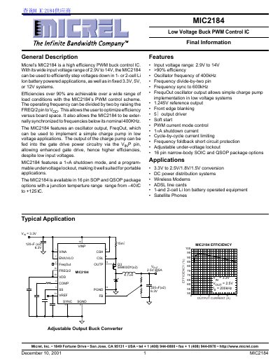 Micrel MIC2184 Low Voltage Buck PWM Control IC Datasheet - cover page