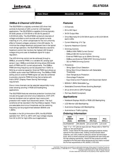 Intersil ISL97635A SMBus 6-Channel LED Driver Datasheet - cover page