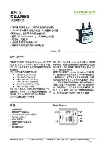 Sensirion SDP1108 Micro Differential Pressure Sensor Data Sheet