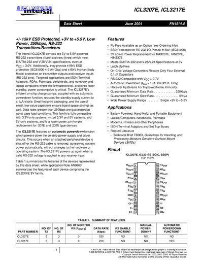 Intersil ICL3207E/ICL3217E RS-232 Transceiver Data Sheet