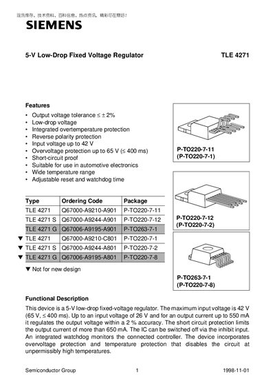 Siemens TLE4271 5‑V Low‑Drop Fixed Voltage Regulator Datasheet - cover page