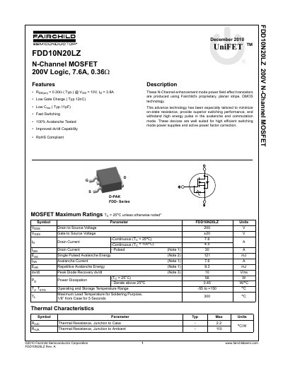 Fairchild Semiconductor FDD10N20LZ N-Channel MOSFET Datasheet - cover page
