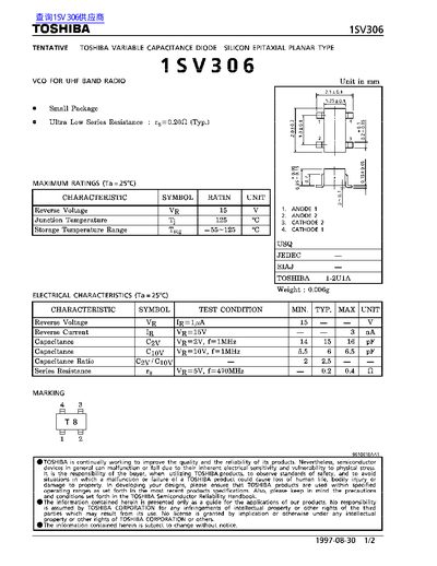 Toshiba 1SV306 Variable Capacitance Diode Datasheet - cover page