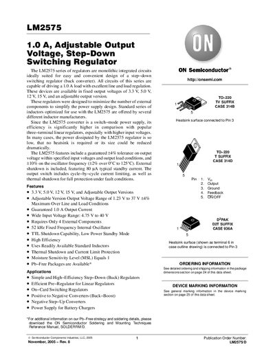 ON Semiconductor LM2575 1.0 A Adjustable Output Voltage Step‑Down Switching Regulator Datasheet - cover page