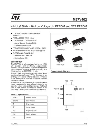 STMicroelectronics M27V402 4 Mbit Low Voltage UV EPROM and OTP EPROM Datasheet - cover page