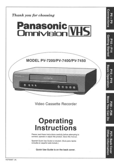 Panasonic PV-7200/7400/7450 VCR Operating Instructions - cover page