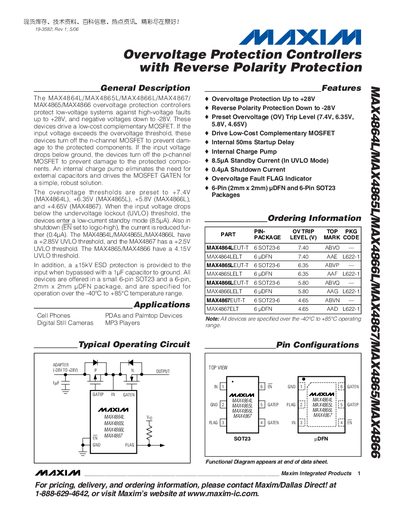 Maxim MAX4864L/MAX4865L/MAX4866L/MAX4867 Overvoltage Protection Controllers Datasheet - cover page