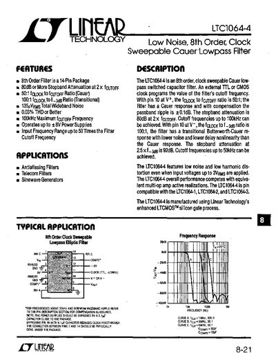Linear Technology LTC1064-4 Low Noise 8th Order Clock Sweepable Cauer Lowpass Filter Datasheet - cover page