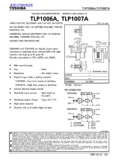 Toshiba TLP1006A/TLP1007A Photo Interrupter Datasheet