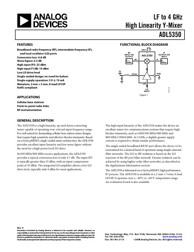 Analog Devices ADL5350 High Linearity Y‑Mixer Datasheet Rev 0 - cover page