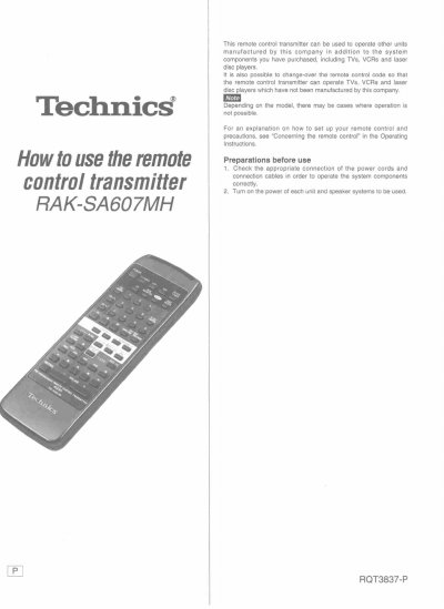 Panasonic RAK-SA607MH Remote Control Transmitter User Manual - cover page