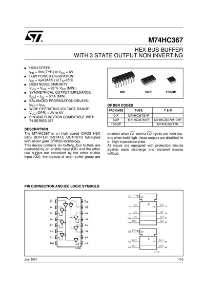 STMicroelectronics M74HC367 Hex Bus Buffer Datasheet - cover page
