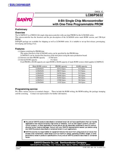 Sanyo LC86P5632 8-Bit Microcontroller Datasheet - cover page