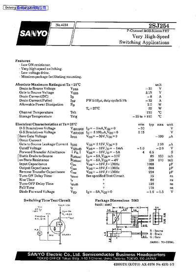 SANYO 2SJ254 P-Channel MOSFET Datasheet - cover page