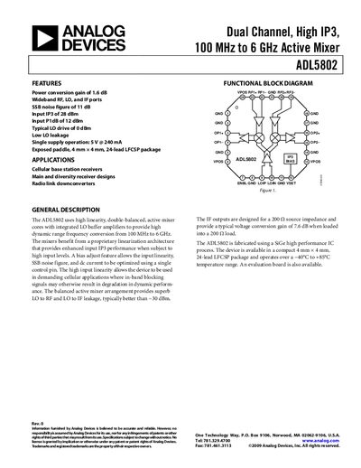 Analog Devices ADL5802 Active Mixer Datasheet - cover page