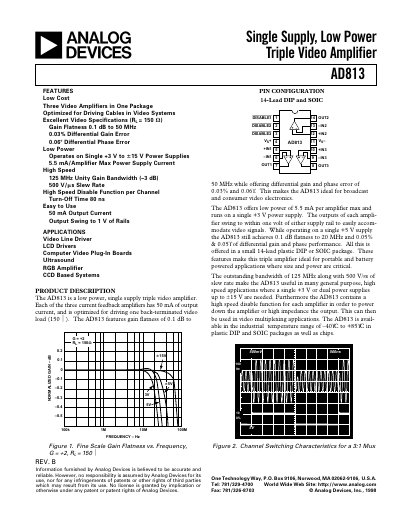 Analog Devices AD813 Triple Video Amplifier Datasheet - cover page