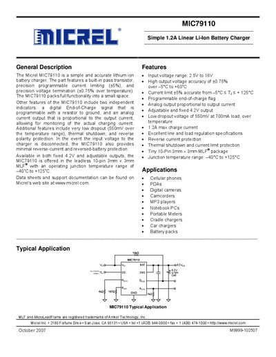 Micrel MIC79110 Linear Li‑ion Battery Charger Datasheet - cover page