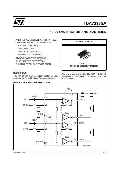 STMicroelectronics TDA7297SA Dual Bridge Amplifier Datasheet