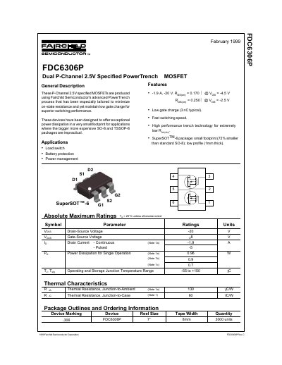 Fairchild Semiconductor FDC6306P Dual P-Channel MOSFET Datasheet - cover page