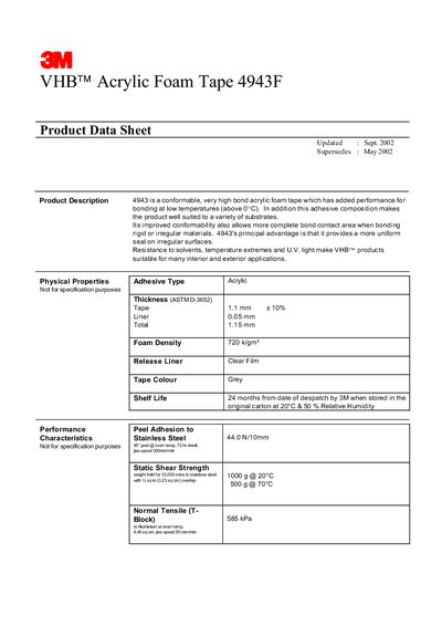3M 4943F Acrylic Foam Tape Product Data Sheet - cover page