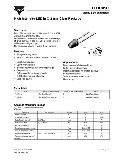 Vishay TLDR490 High Intensity LED Datasheet - cover page