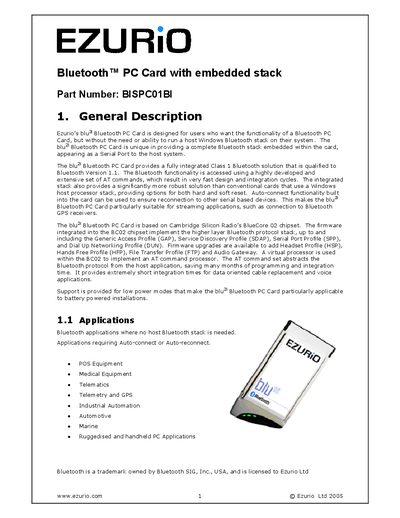 EZURIO BISPC01BI Bluetooth PC Card with embedded stack Manual - cover page
