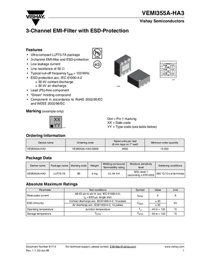 VISHAY SEMICONDUCTOR VEMI355A-HA3 Document Number 81714 Rev. 1.1 03-Jun-08 Vishay Semiconductors 3-Channel EMI-Filter with ESD-Protection handbook - cover page