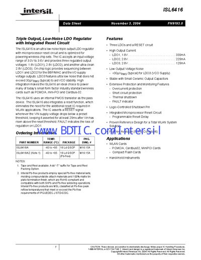 Intersil ISL6416 Triple‑Output LDO Regulator Data Sheet - cover page
