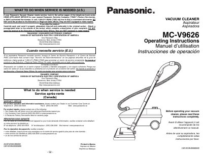 Panasonic MC-V9626 Vacuum Cleaner Operating Instructions - cover page