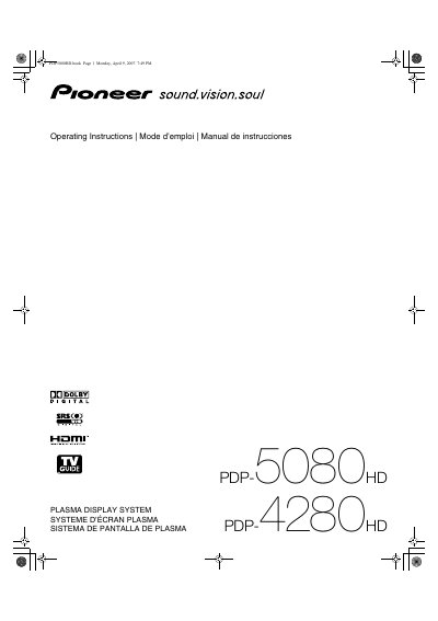 Pioneer PDP-5080HD Plasma Display System Operating Instructions - cover page