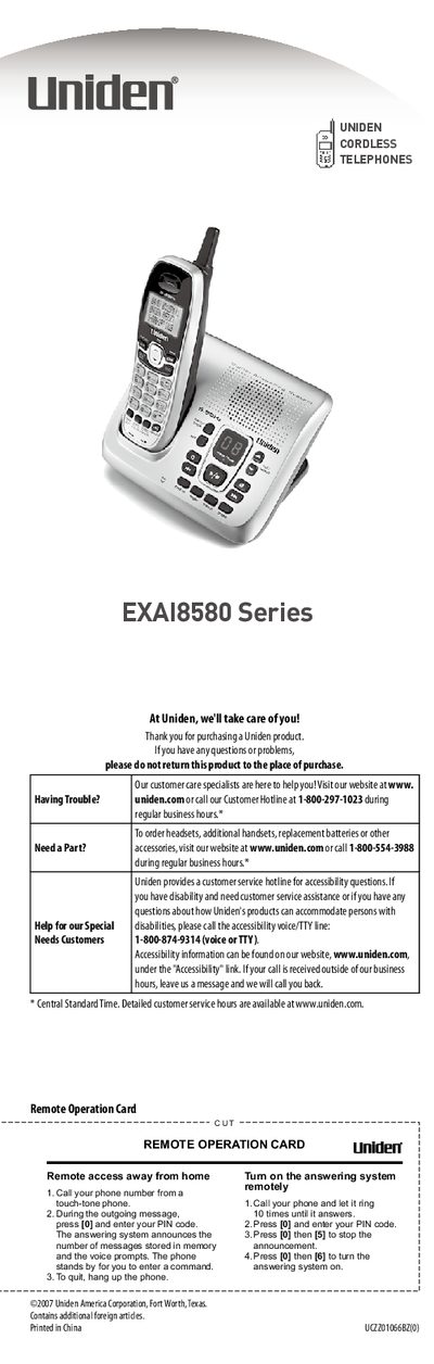Uniden EXAI8580 Cordless Telephone User Manual - cover page