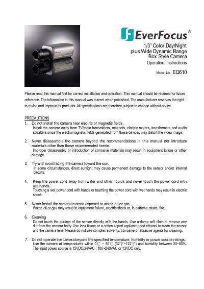 EverFocus EQ610 1/3" Color Day/Night Camera Operation Instructions - cover page