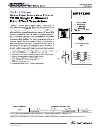 Motorola MMSF3205 Medium Power Surface Mount MOSFET Datasheet
