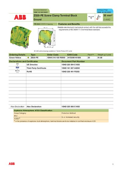 ABB ENTRELEC UK - Technical Datasheet Catalogue Page 1SNK 161 020 D0201 1SNK 161 020 S0201 ZS35-PE Screw Clamp Termina - cover page