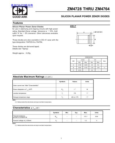 GOOD-ARK ZM4728 THRU ZM4764 Silicon Planar Power Zener Diodes Datasheet - cover page