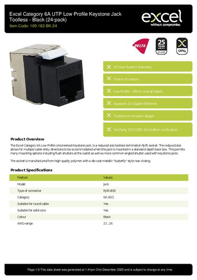Excel 100-182-BK-24 Keystone Jack Data Sheet - cover page