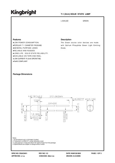 KINGBRIGHT - SPEC NO: DSAC0451 REV NO: V.5T-1 (3mm) SOLID STATE LAMP handbook - cover page