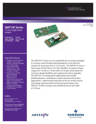 Artesyn SMT15F-12 Fixed Output Datasheet - cover page